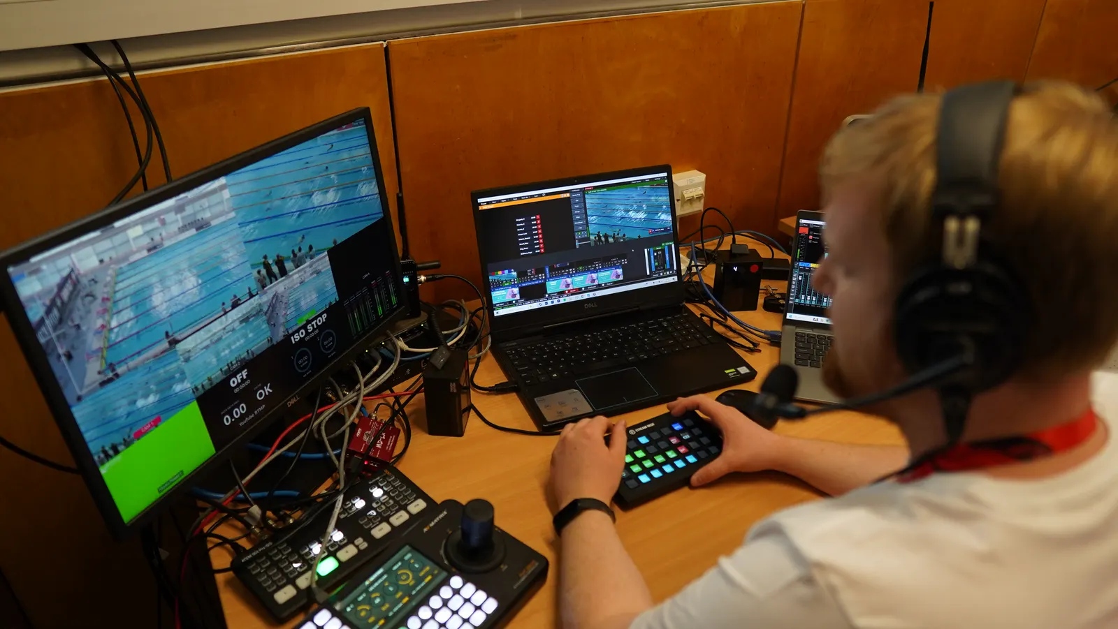 The ARCAE SPORTS production gallery at the Welsh National Pool: a multiview of the pool cameras, vision mixing software, control surfaces and headset comms.